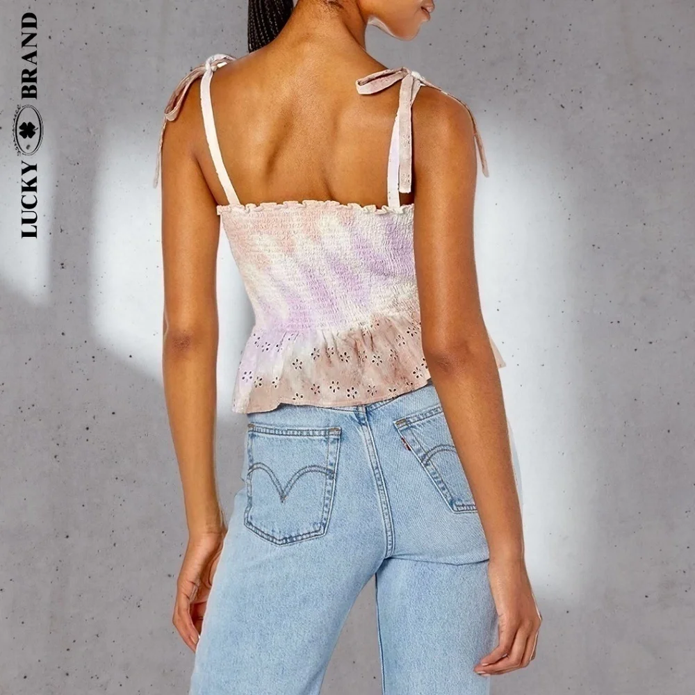 LUCKY BRAND Sweetheart Neck Shoulder Ties Cotton Eyelet Tie-Dyed Corset Top NWT